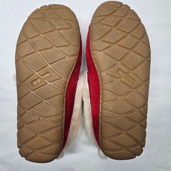LL Bean Women's Wicked Good Moccasins Red Suede and Sherpa Slippers Size 7 - Picture 8 of 8